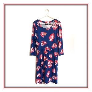 Cynthia Rowley Blue & Pink Floral Dress Scoop Neck 3/4 Sleeves, Size M